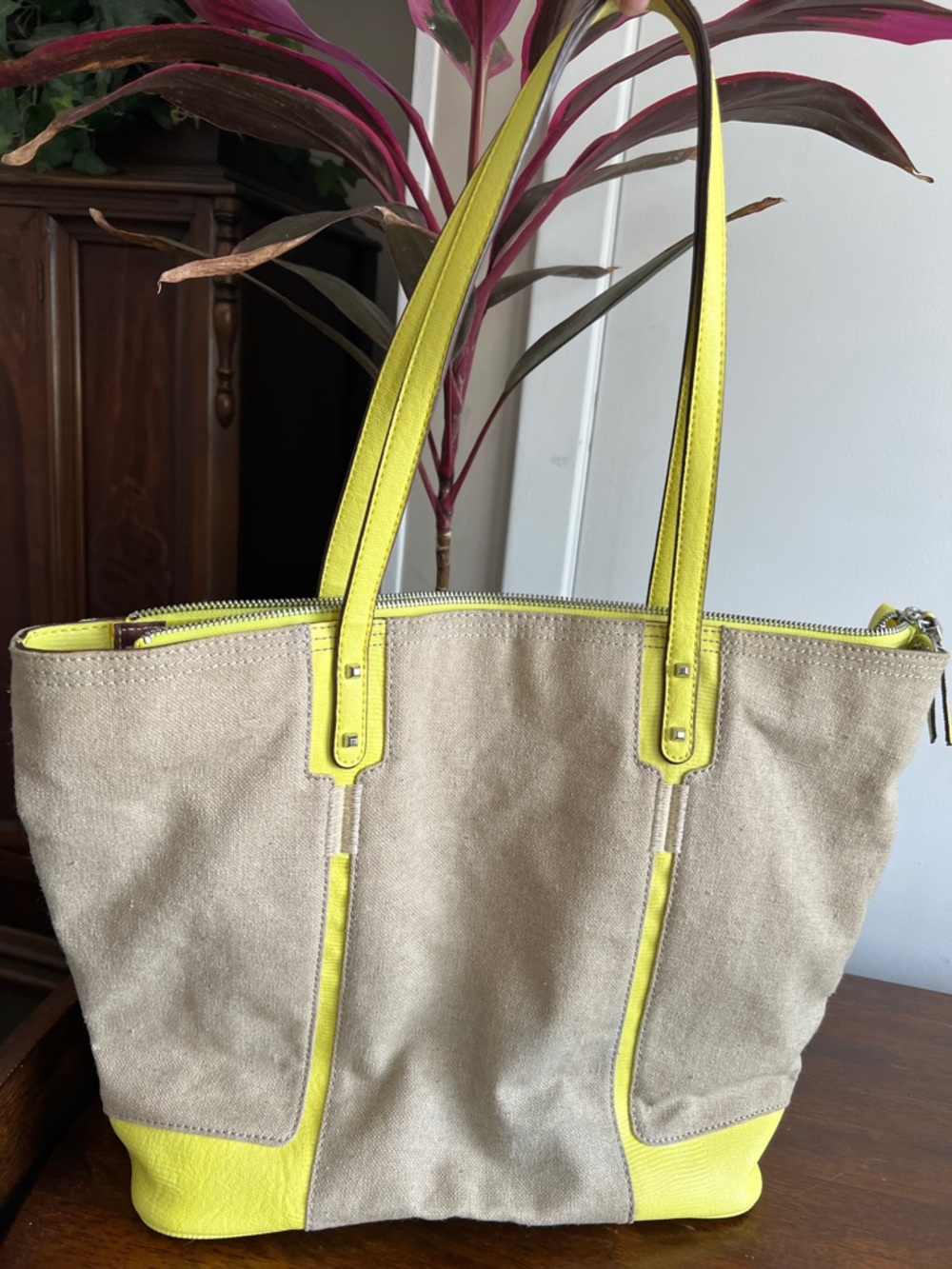 Neutral Canvas Tote with Yellow Trim by